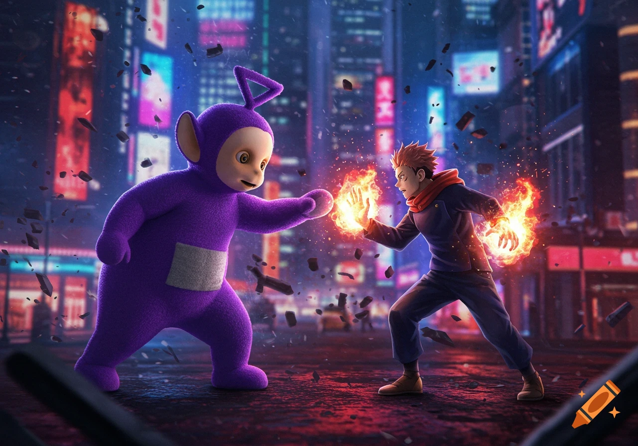 Tinky Winky from Teletubbies and Itadori from Jujutsu Kaisen face off in a dramatic urban battle scene at night, surrounded by flying debris and neon city lights. Itadori's hands glow with fire.
