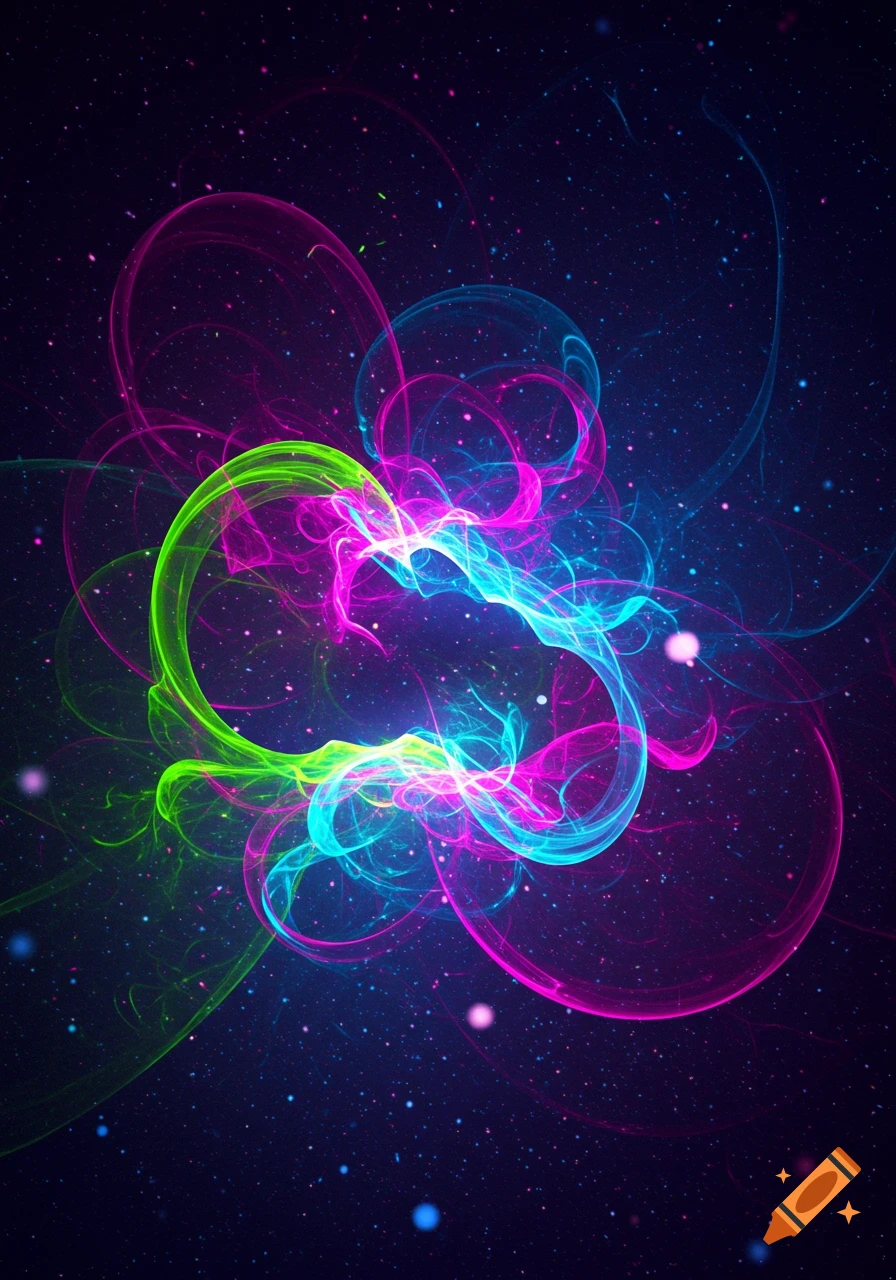 Abstract glowing neon green, pink, and blue light trails swirl against a dark starry background.