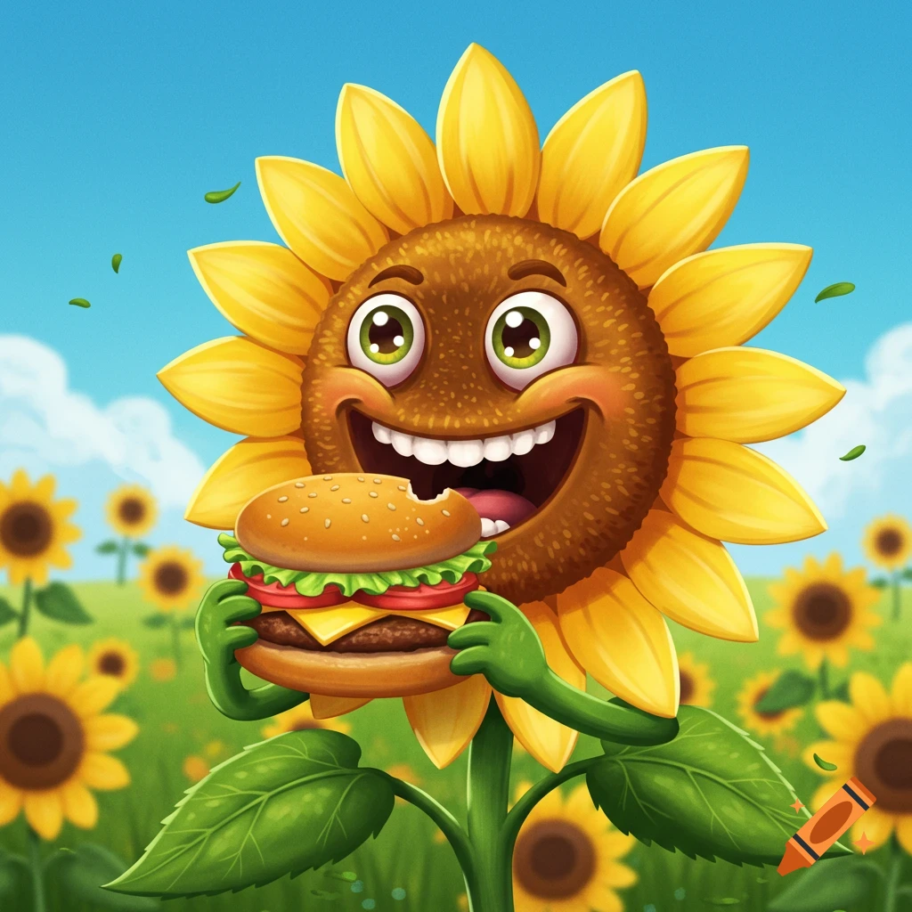 A cheerful cartoon sunflower with a big smile and bright eyes eats a hamburger in a sunny field of sunflowers.