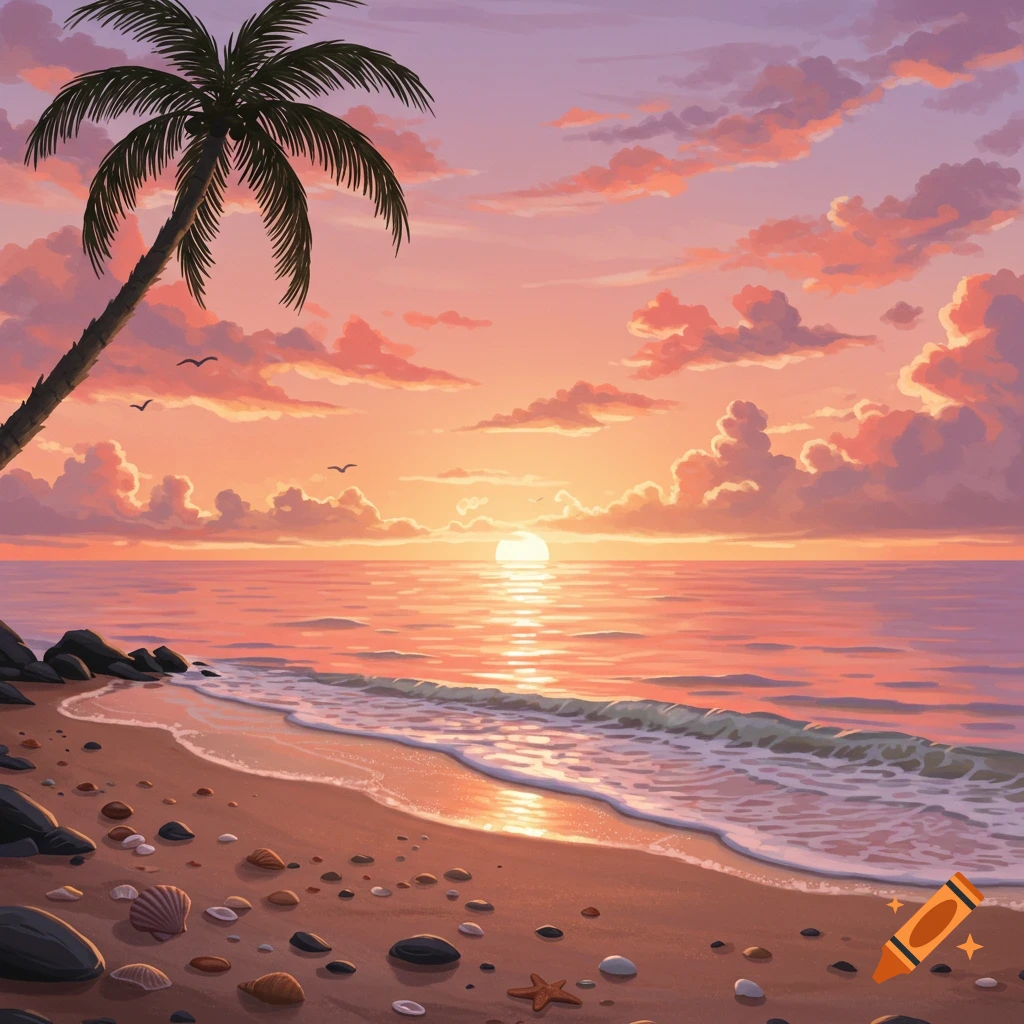 A vibrant illustration of a tropical beach at sunset, with a palm tree, ocean waves, and colorful sky.