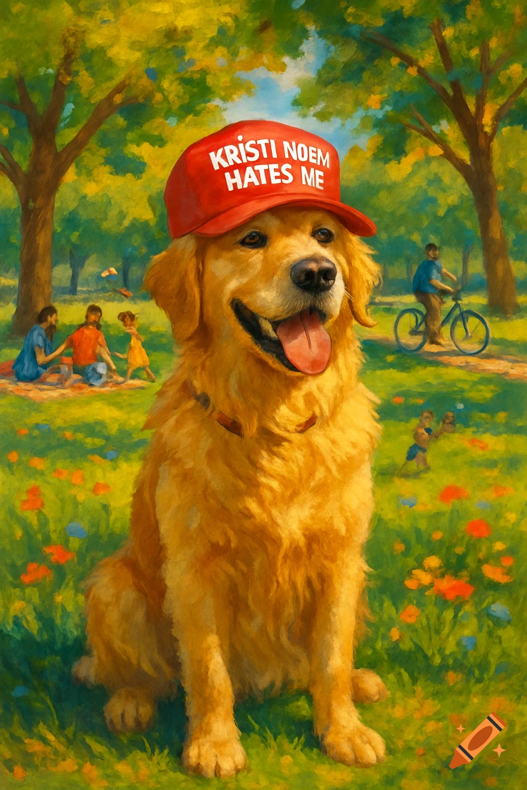 A golden retriever wearing a red hat that says "Kristi Noem hates me" sits in a sunny, impressionistic park scene with people in the background.