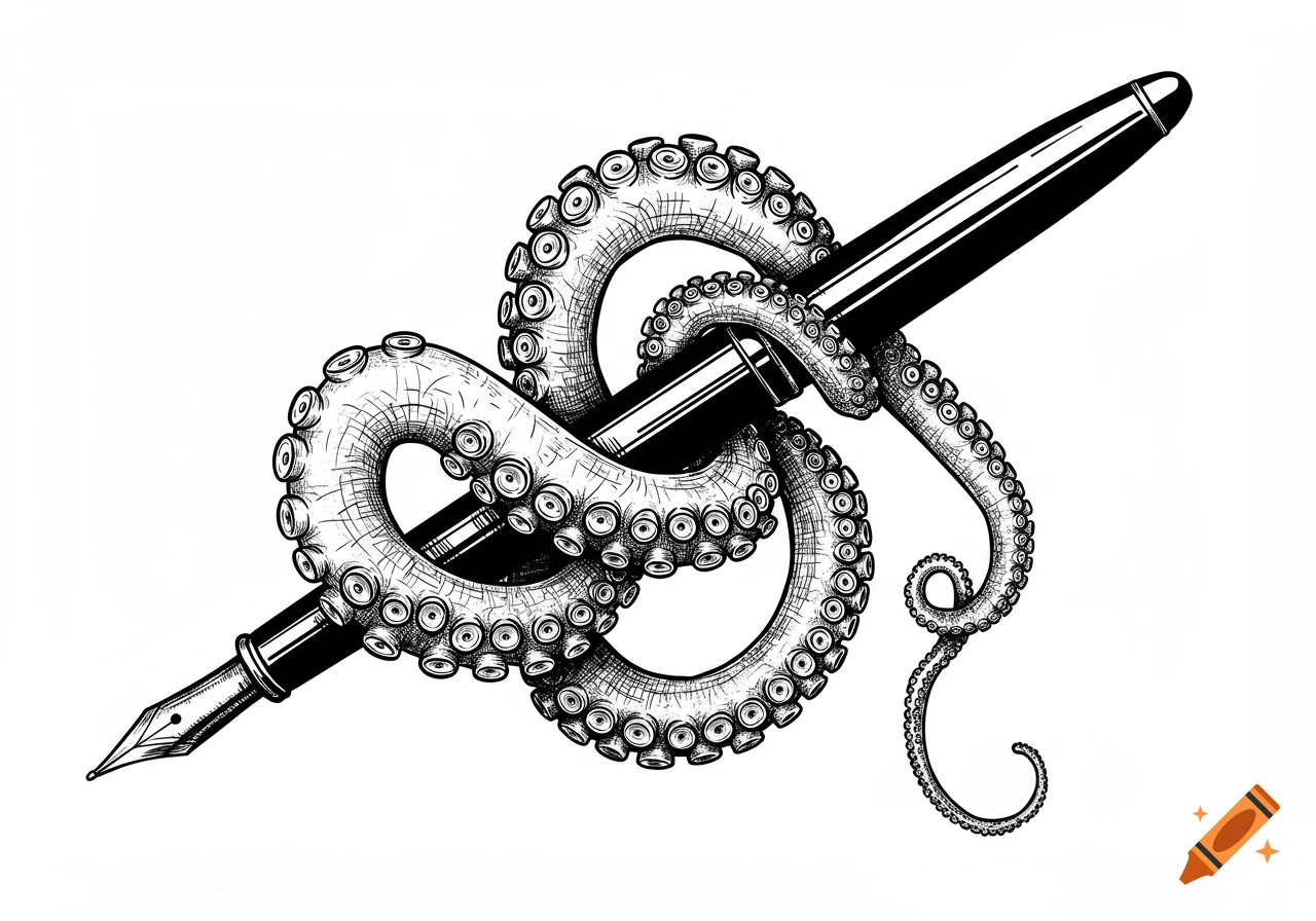 A stylized black and white drawing of an octopus tentacle wrapped around a fountain pen.