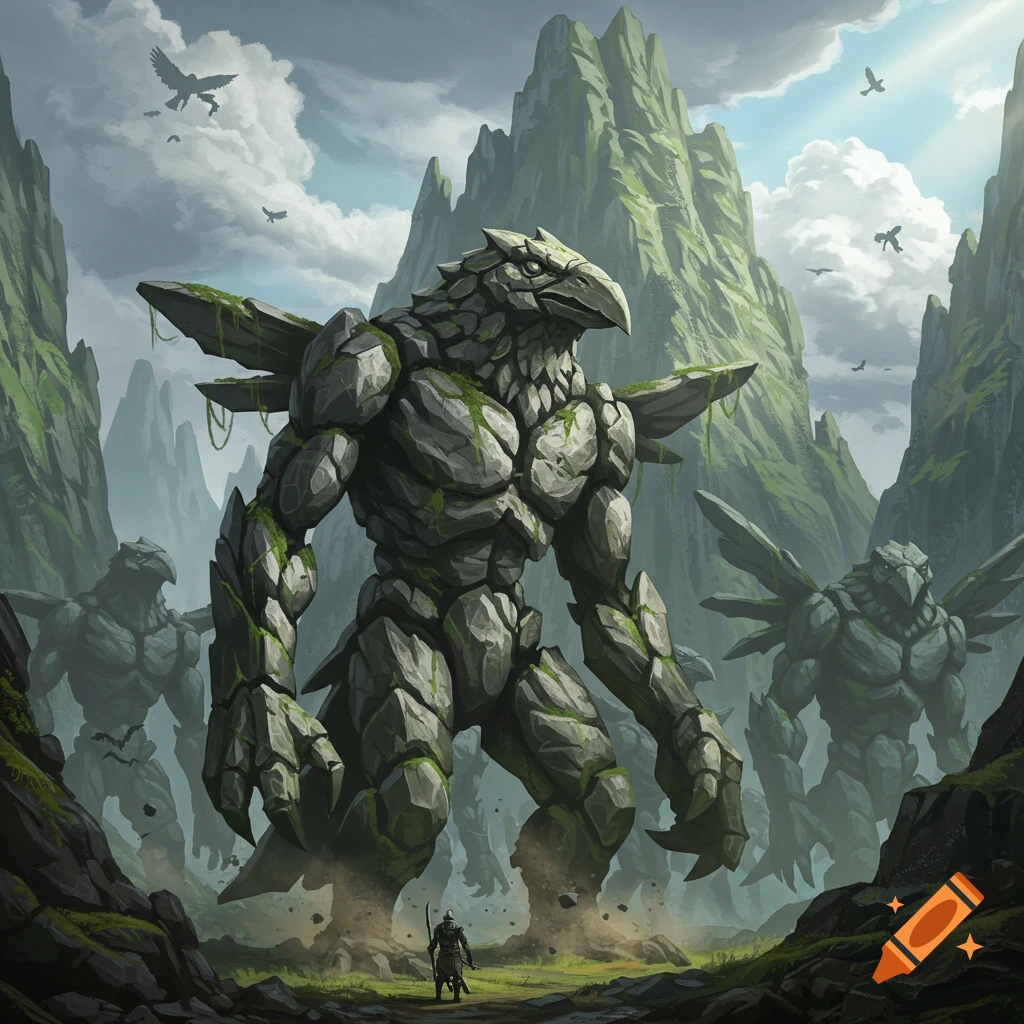 A warrior faces a vast army of colossal, moss-covered rock crow-monsters in a mountainous, misty fantasy landscape.