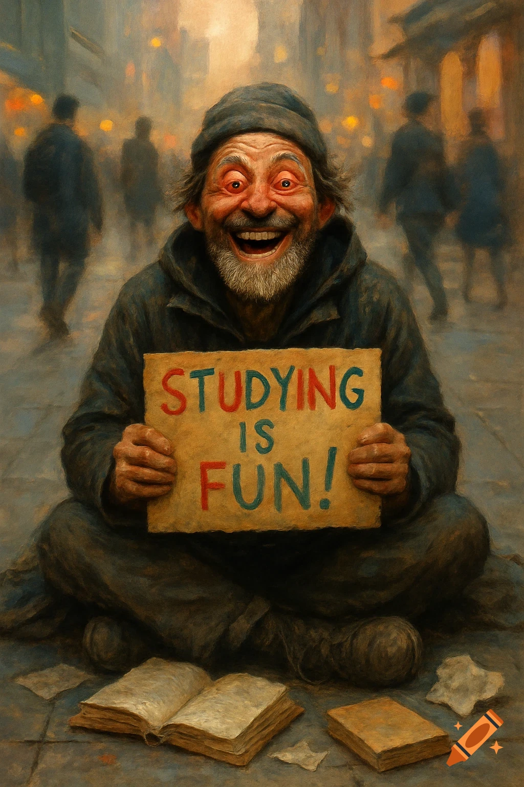 A homeless man with a massive smile and red eyes sits on a city street, holding a sign that reads 'STUDYING IS FUN!' in a painterly style.