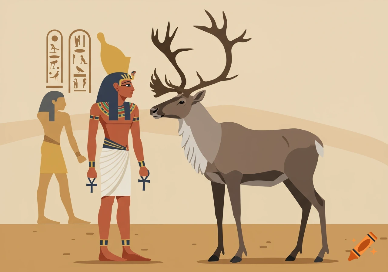 A stylized illustration of an Egyptian pharaoh facing a caribou in a desert scene with hieroglyphics on the left.