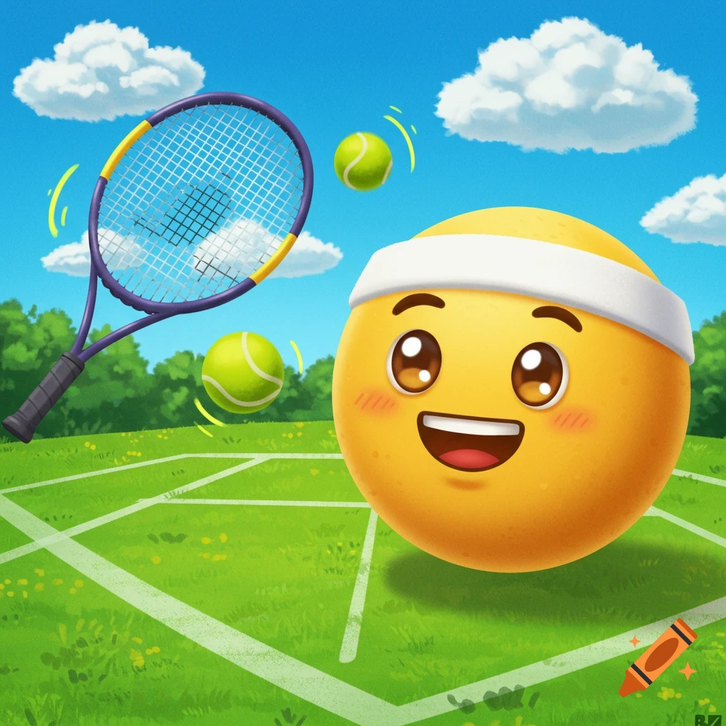 A smiling yellow emoji wearing a white headband plays tennis on a green court with a purple racket and two tennis balls in a cartoon style.
