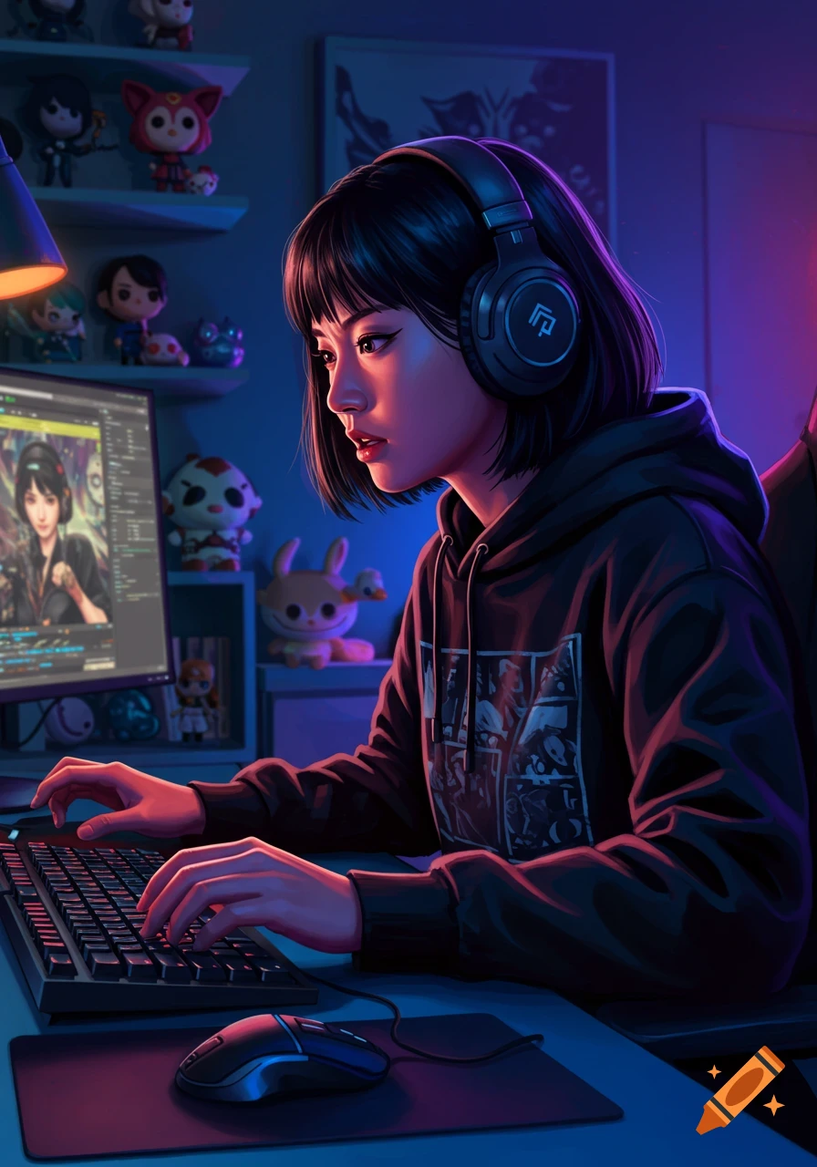An Asian woman with short dark hair and headphones intensely plays on a computer in a neon-lit room filled with shelves of collectibles. Digital art.