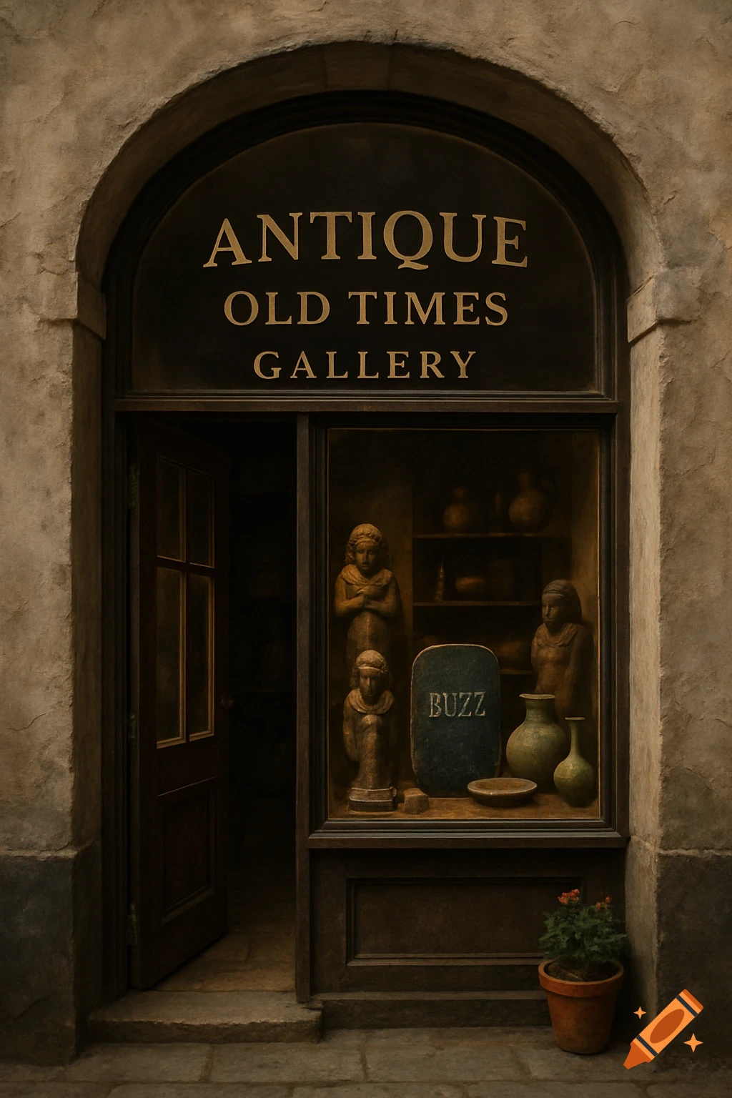 Photorealistic antique gallery entrance with 'Antique Old Times Gallery' sign, arched doorway, and a window display of statues and vases.