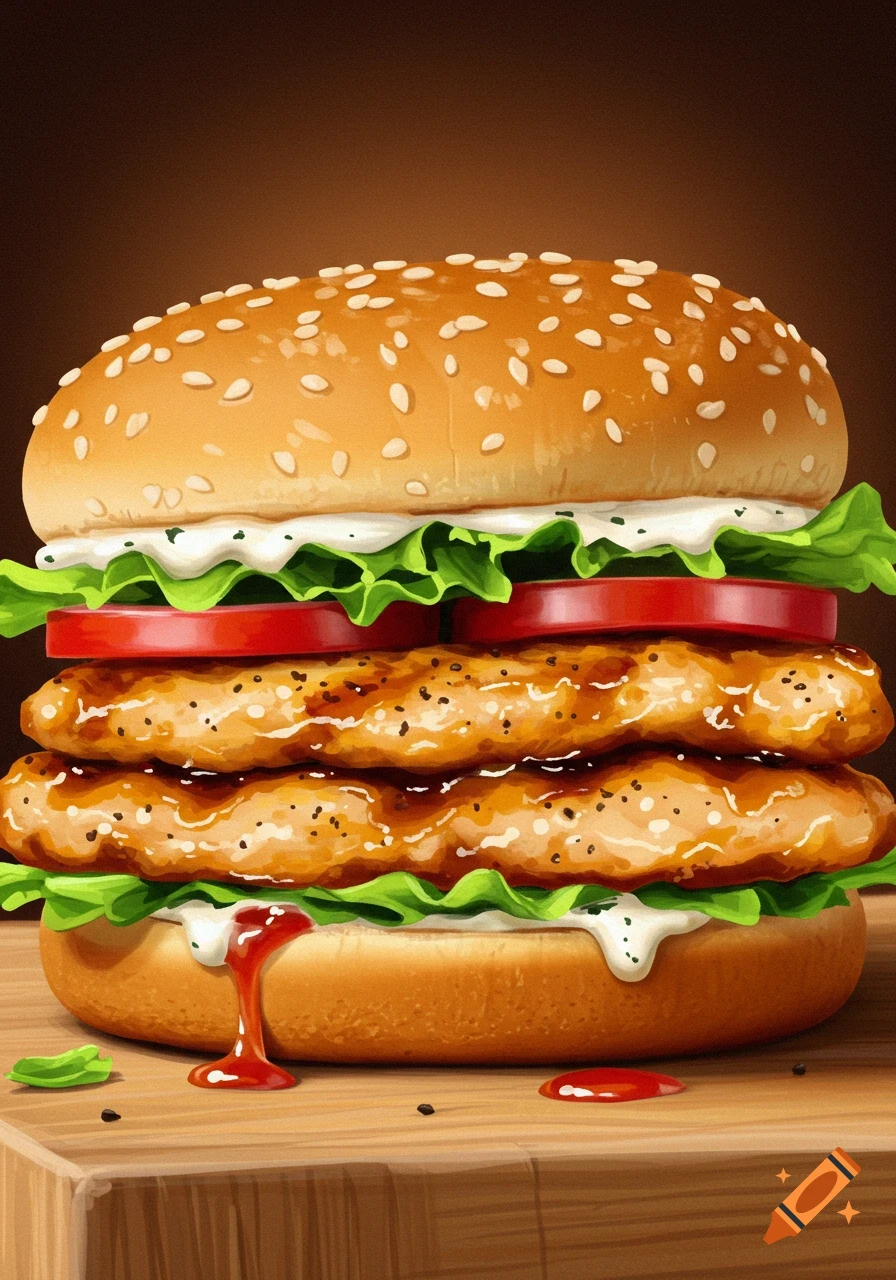 Digital illustration of a tall chicken sandwich with two fried patties, lettuce, tomato, and white sauce, with ketchup on a wooden table.