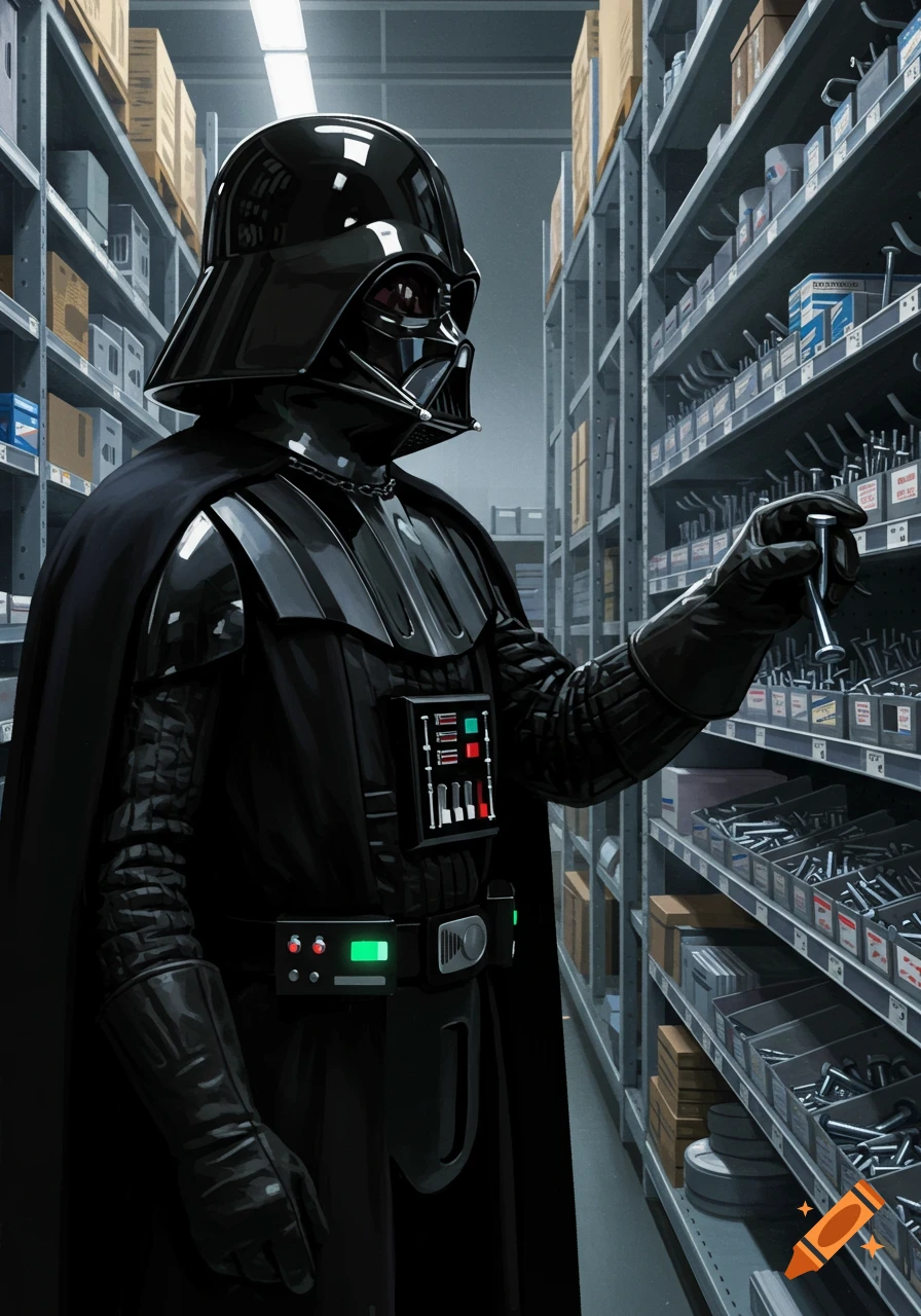 Darth Vader examines screws on a shelf in a hardware store aisle, photorealistic style.