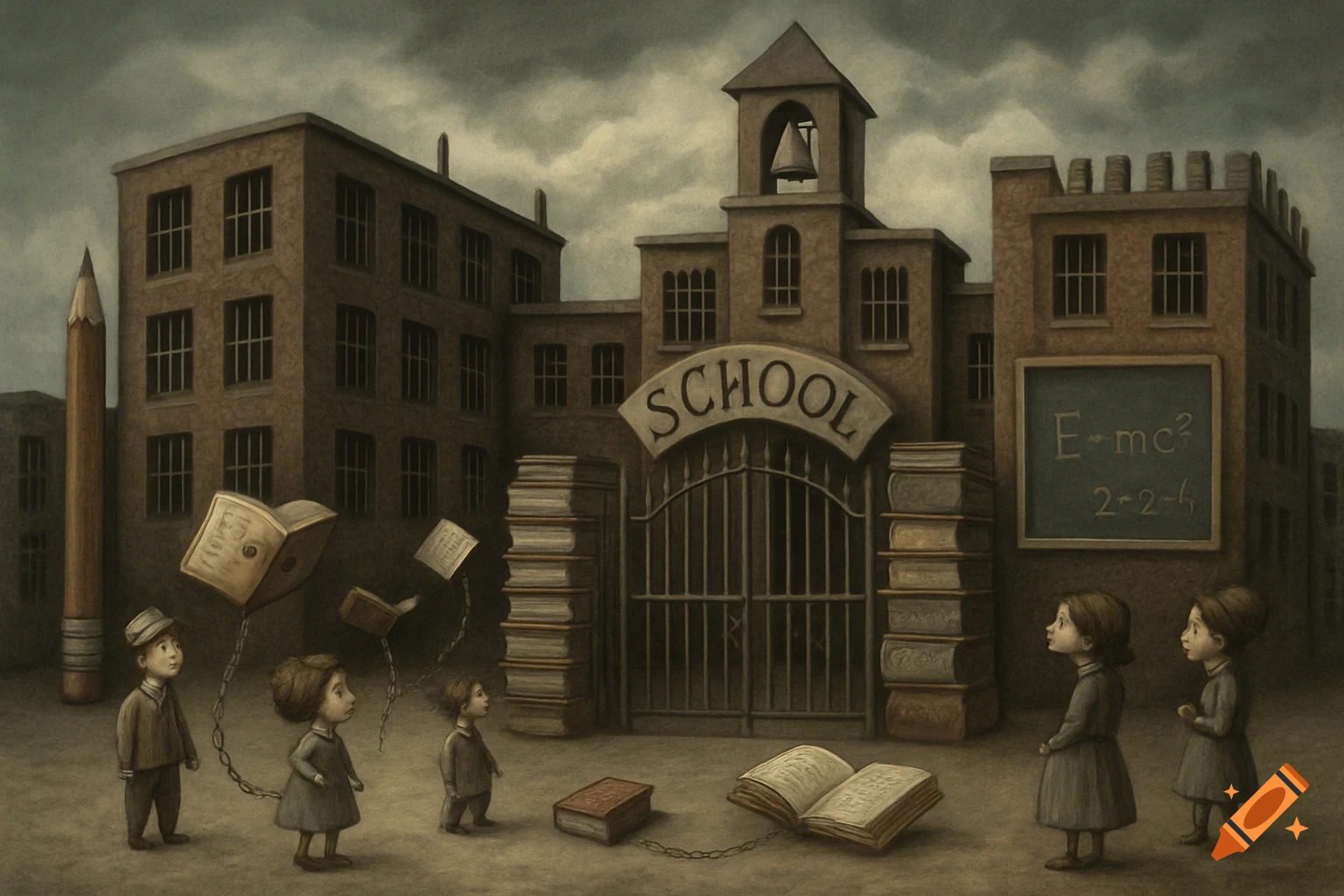 A surreal, dark illustration of a school building with children looking at floating books, a chalkboard, and a giant pencil.