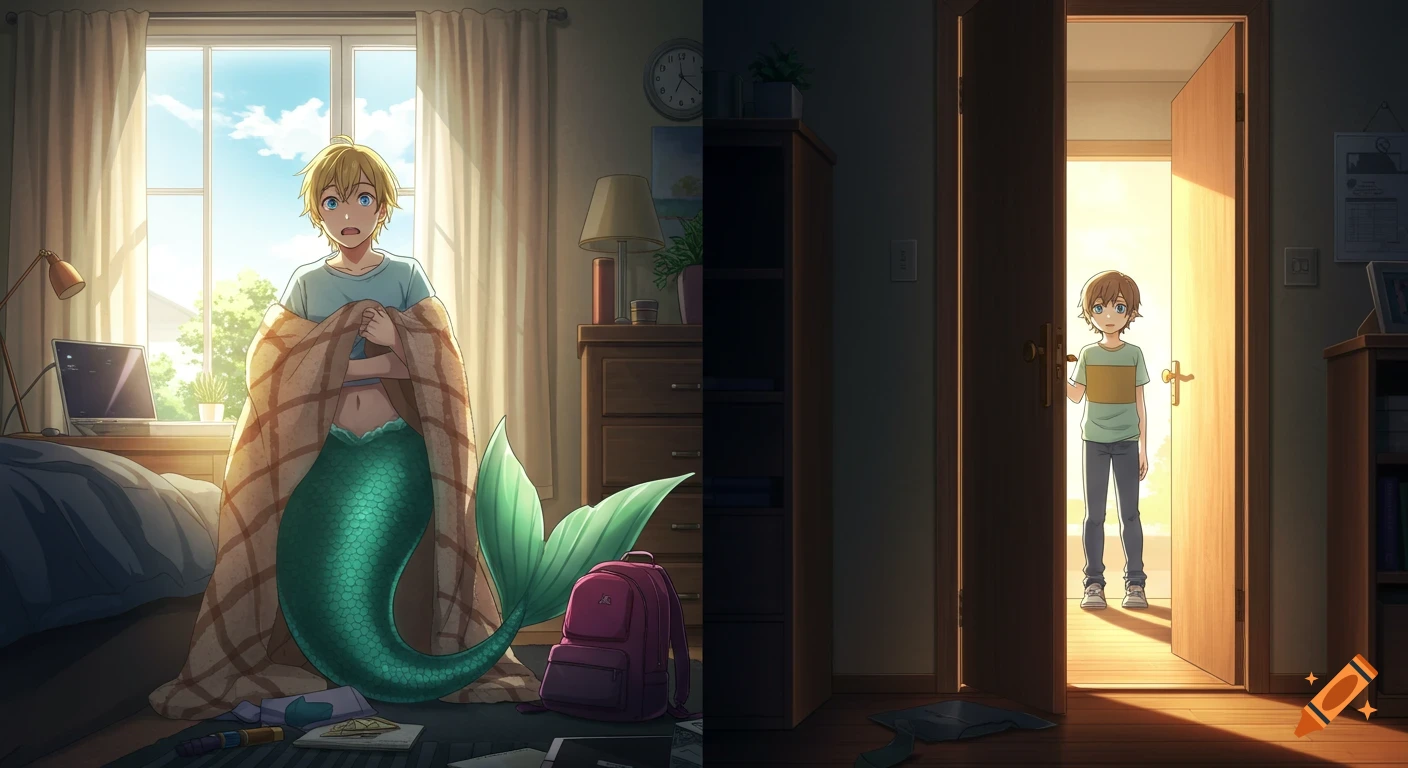A blond merman in his room hastily covers his green tail with a blanket as his sibling stands at the open door. Anime style.