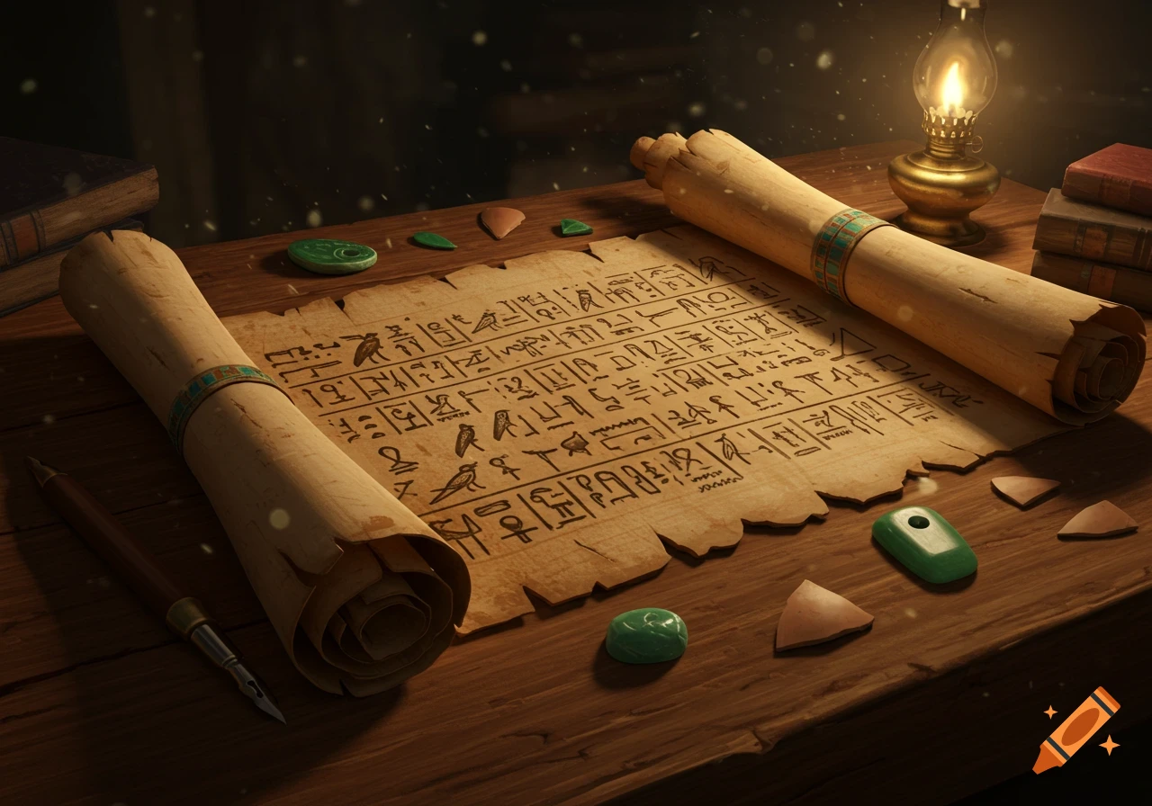 An unrolled papyrus scroll covered in hieroglyphs lies on a wooden table with an oil lamp, books, and small green and brown artifacts.