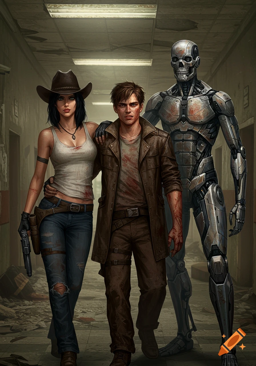 A cowgirl, an injured man, and a robot walk through a dilapidated hospital hallway in a digital painting.