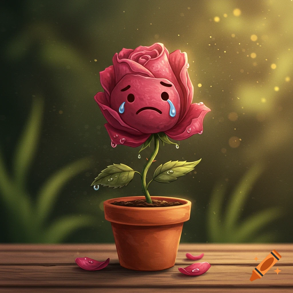 A cartoon pink rose with a sad emoji face cries in a pot on a wooden table with scattered petals.