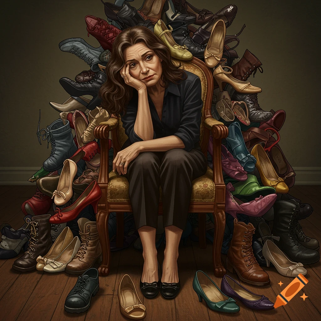 Melancholy older brunette woman in a chair, surrounded by a mountain of shoes. Realistic illustration.