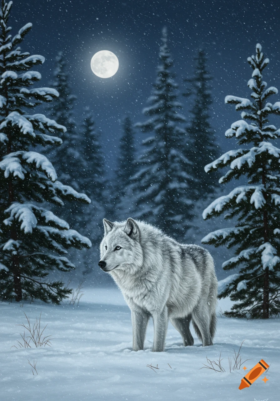 A majestic white wolf stands in a snowy forest at night, with snow falling gently under a bright full moon.