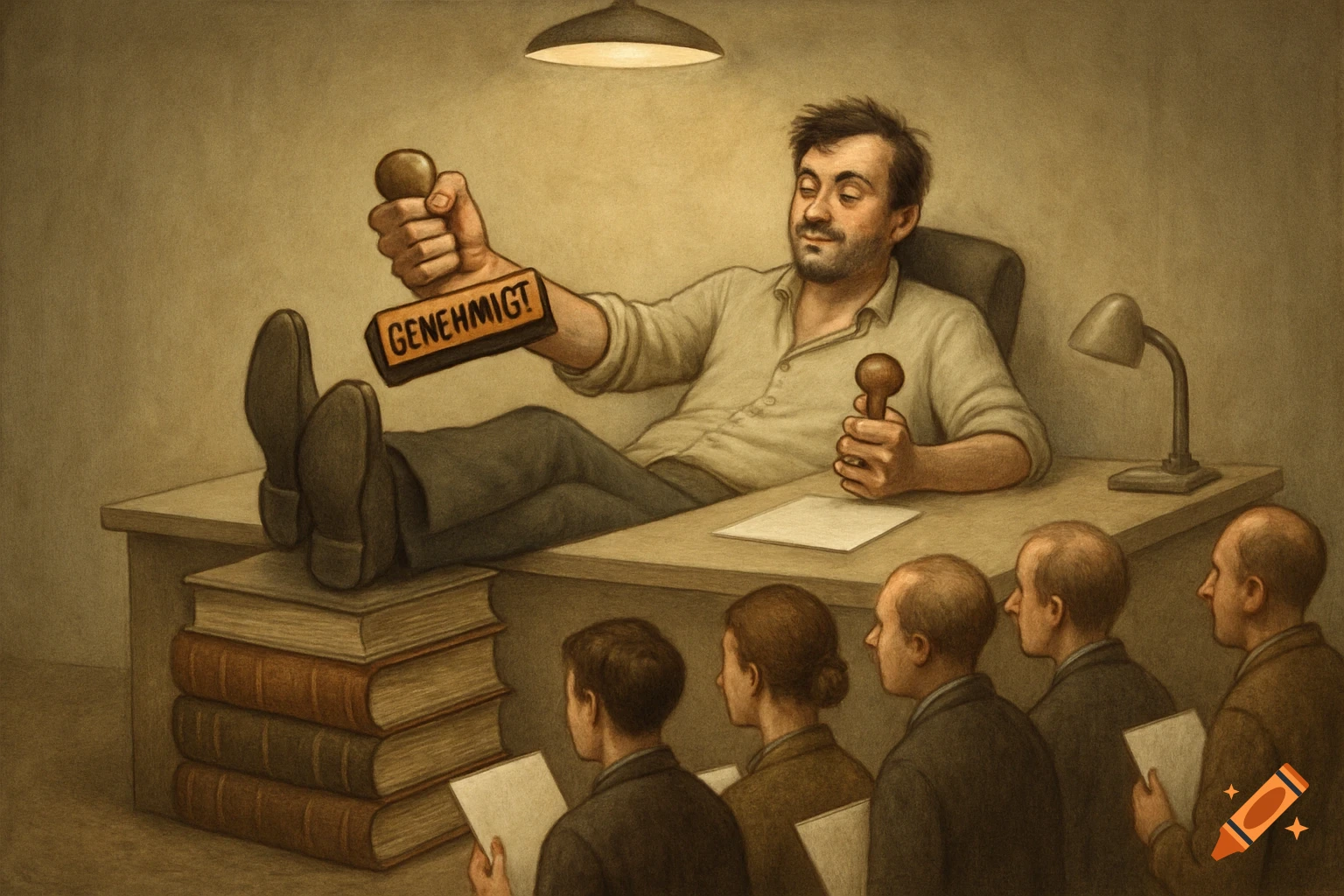 An official with his feet on legal texts stamps "GENEHMIGT" as a line of applicants wait in an illustration.