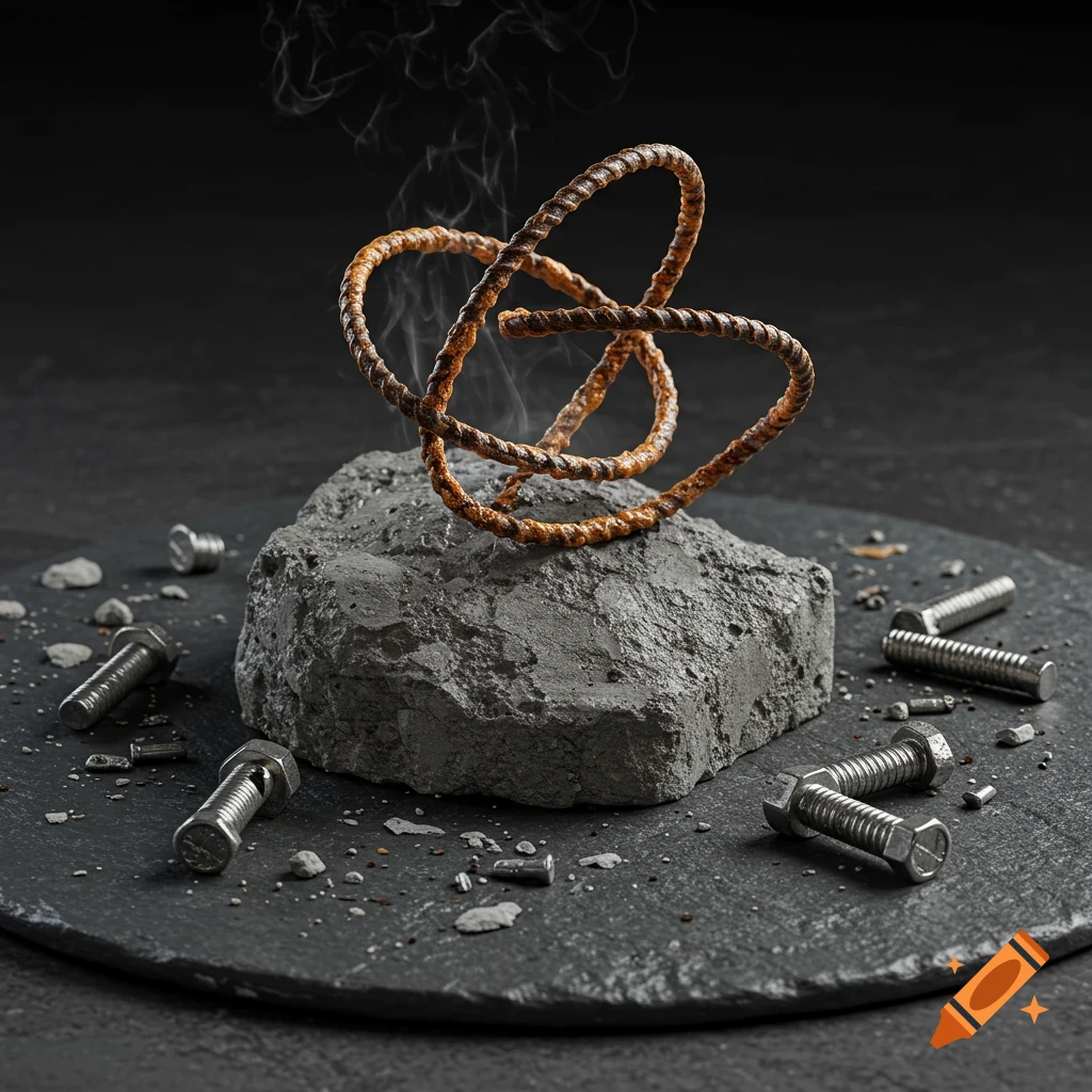 A twisted, rusty rebar sculpture with smoke rests on a concrete block, surrounded by metal bolts on a dark slate surface.