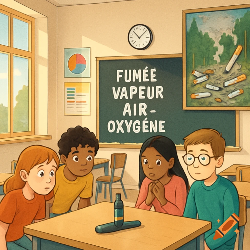 Cartoon illustration of four students examining a vape pen in a classroom, with text on a blackboard and a painting of a polluted forest.