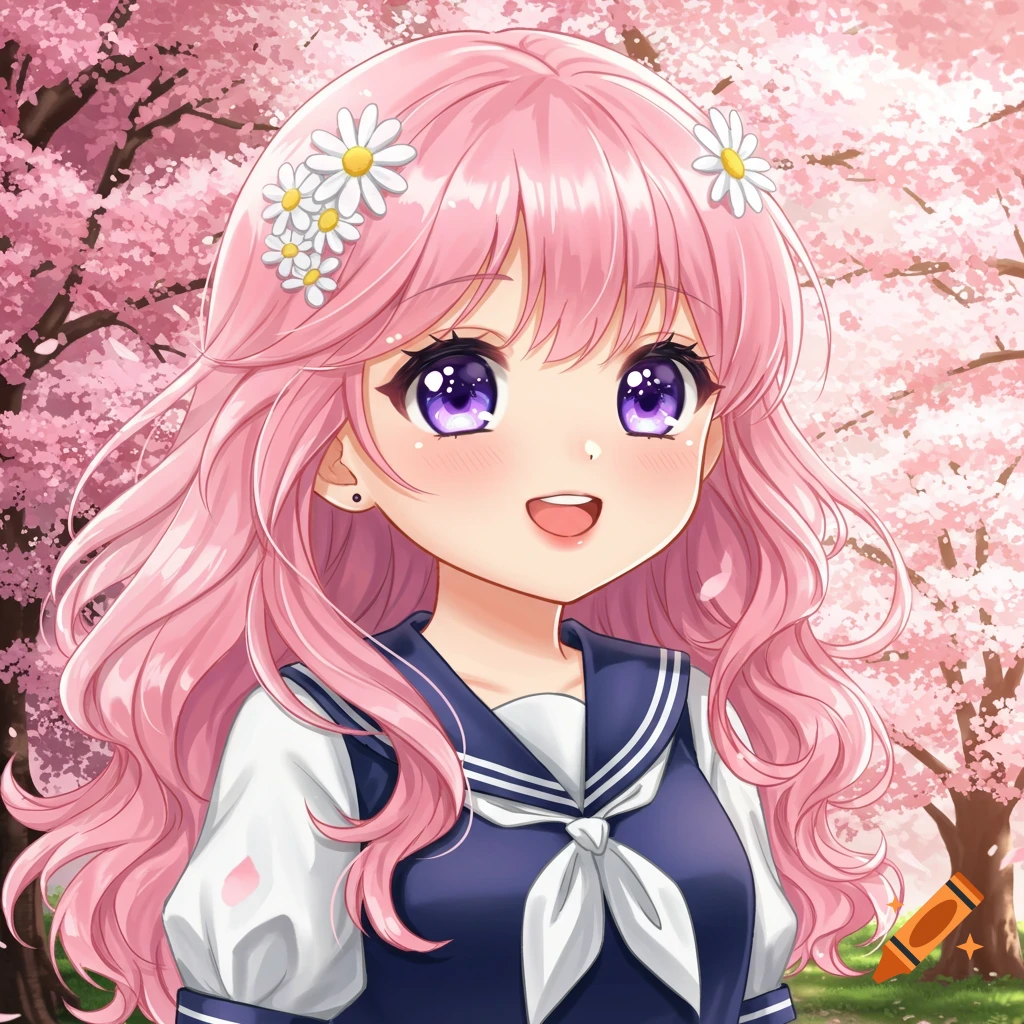 A cute anime girl with pink hair and purple eyes, wearing a sailor uniform, stands in front of blooming cherry blossoms.