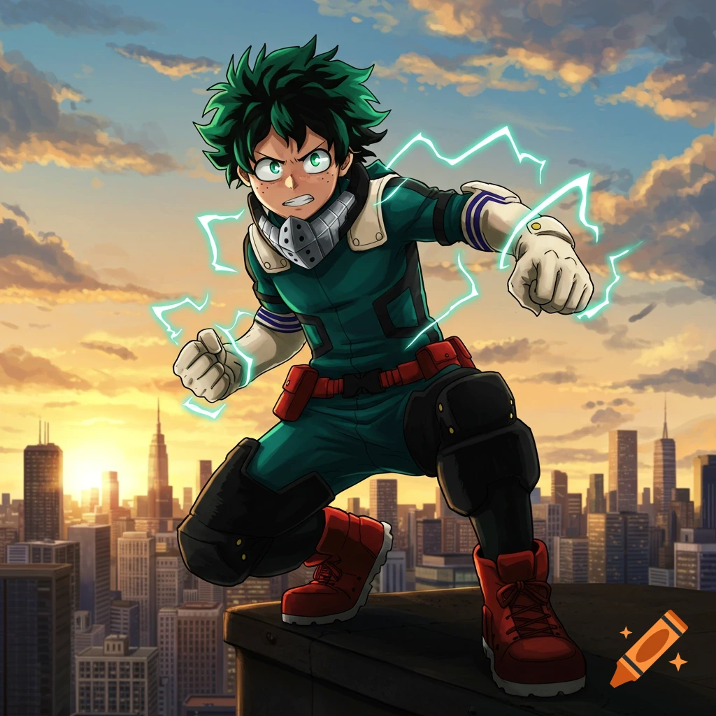 Anime character Deku from My Hero Academia crouches on a rooftop with glowing energy, overlooking a city skyline at sunset.