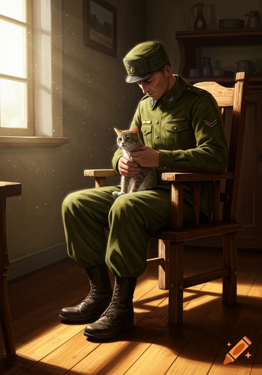 A soldier in green uniform sits on a wooden chair, holding a tabby cat with bright green eyes in warm sunlight.