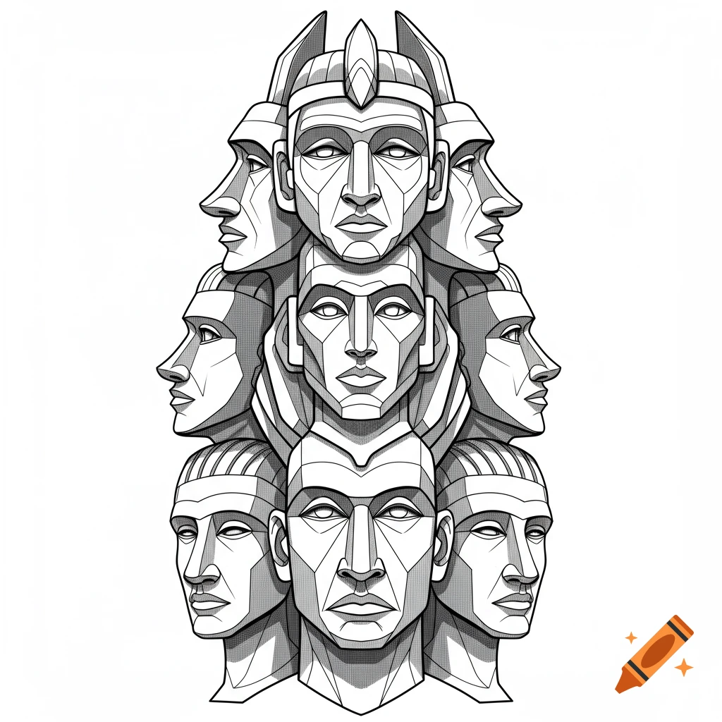 A 2D line drawing of stacked, geometric faces in a totem pole style with hard angles.