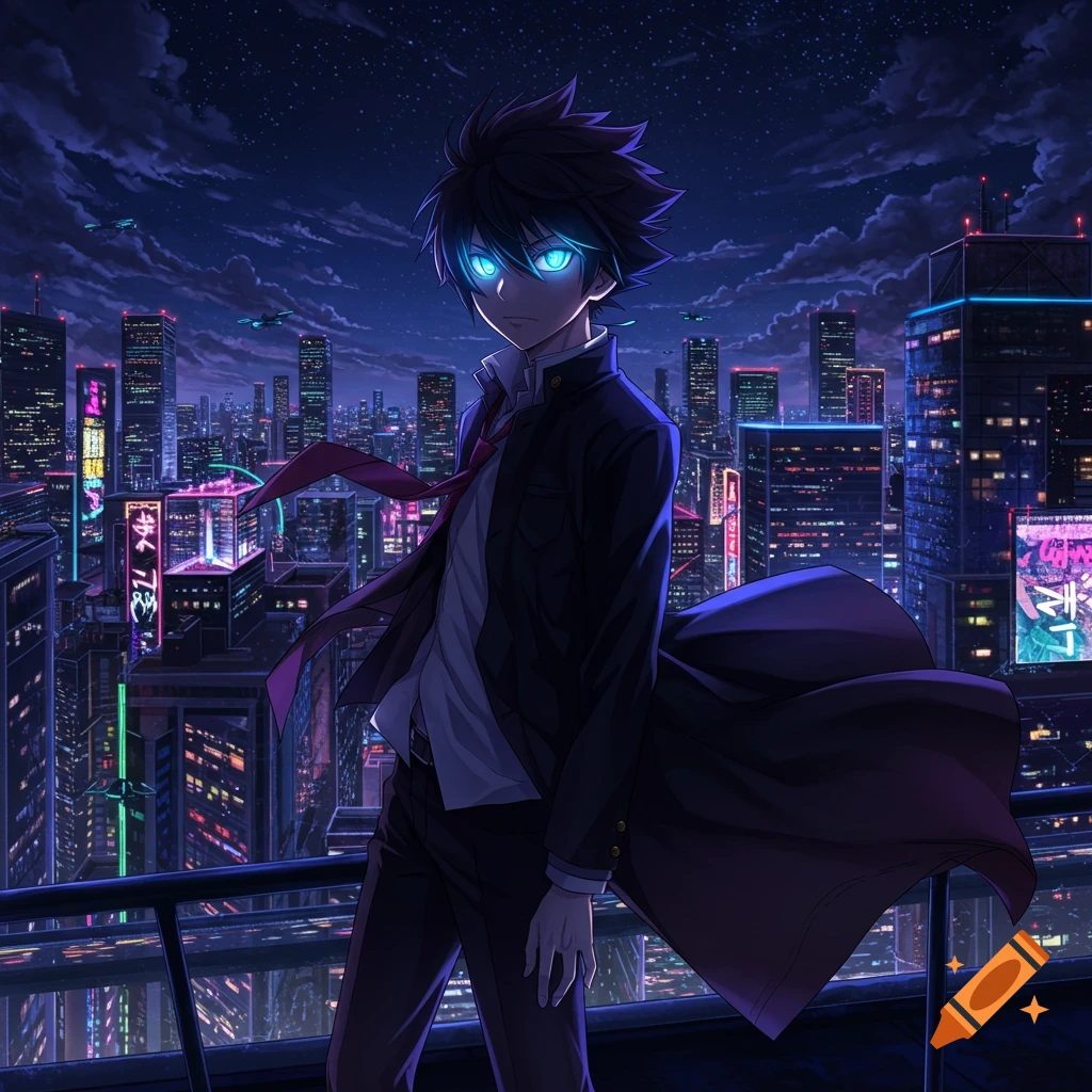 An anime boy with glowing blue eyes stands on a rooftop overlooking a neon-lit cyberpunk city at night.