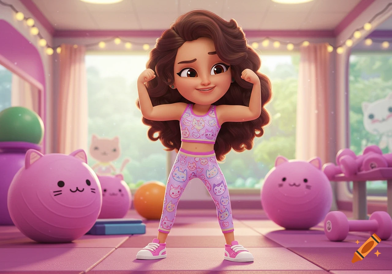 A cute animated girl with curly brown hair, wearing a cat-patterned athletic outfit, smiles while flexing in a pink cartoon gym.