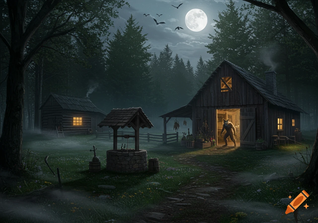 A dark, misty forest at night with a full moon and bats. A werewolf emerges from a lighted wooden cabin. A well and another cabin are visible.
