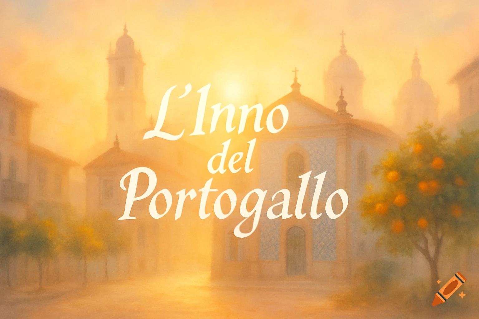 Foggy, golden-hued painting of a Portuguese city with churches and orange trees, featuring the text 'L'Inno del Portogallo'.