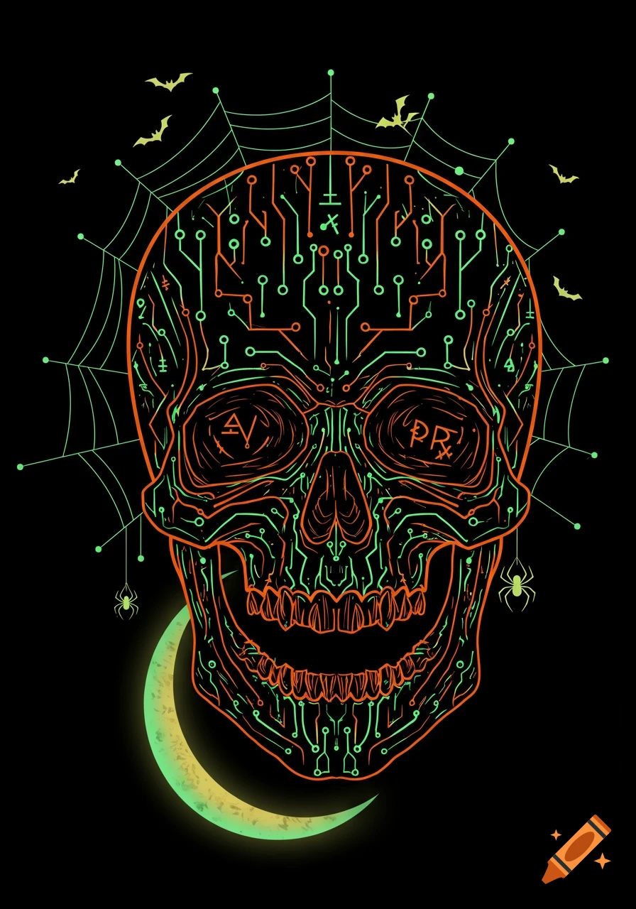 A stylized skull with circuit board patterns in glowing orange and green lines, surrounded by spiderwebs, bats, and a luminous green crescent moon on a black background.