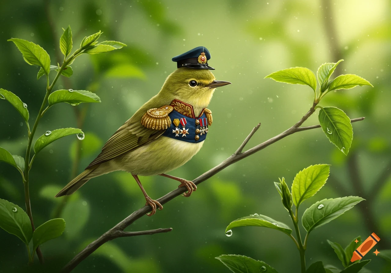 A whimsical, realistic wood warbler in a military uniform with medals and an officer's hat, perched on a branch in a lush forest.