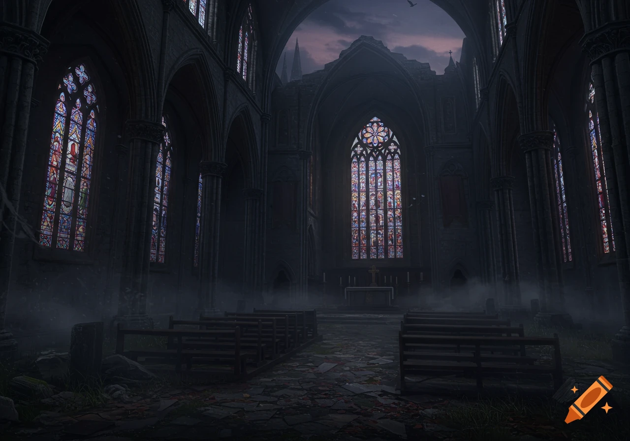 Dark, atmospheric interior of a ruined gothic church with tall stained glass windows, broken pews, and fog on the ground.