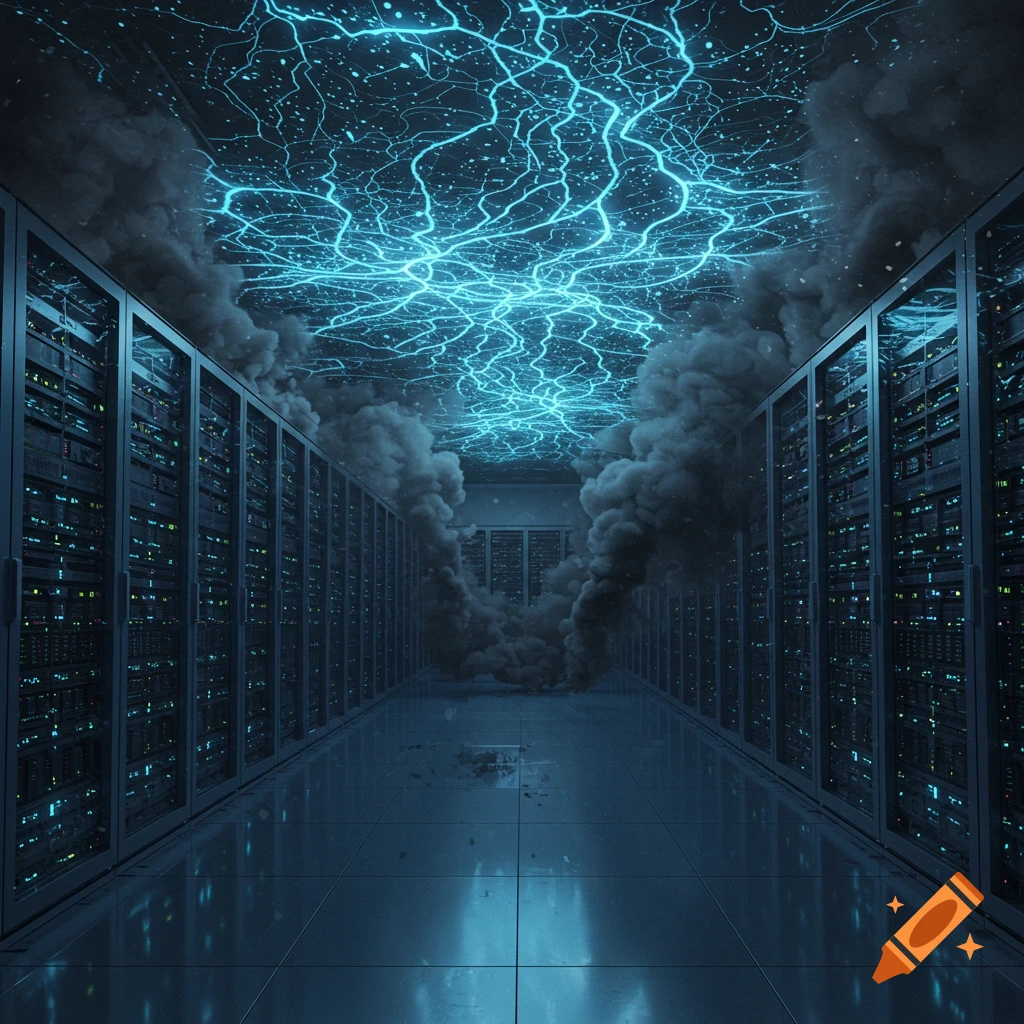 A dark data center corridor with server racks, glowing blue energy on the ceiling, and smoke rising around the racks.