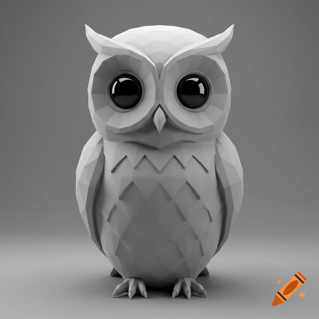 A stylized grey geometric 3D owl with large black eyes stands upright on a solid grey background.