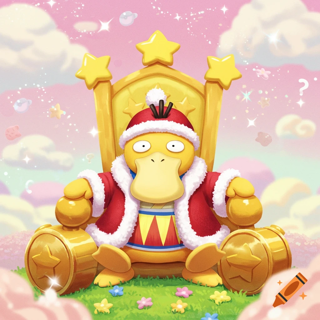 Psyduck dressed as King Dedede sitting on a golden star-adorned throne, surrounded by sparkles and clouds in a pink sky.