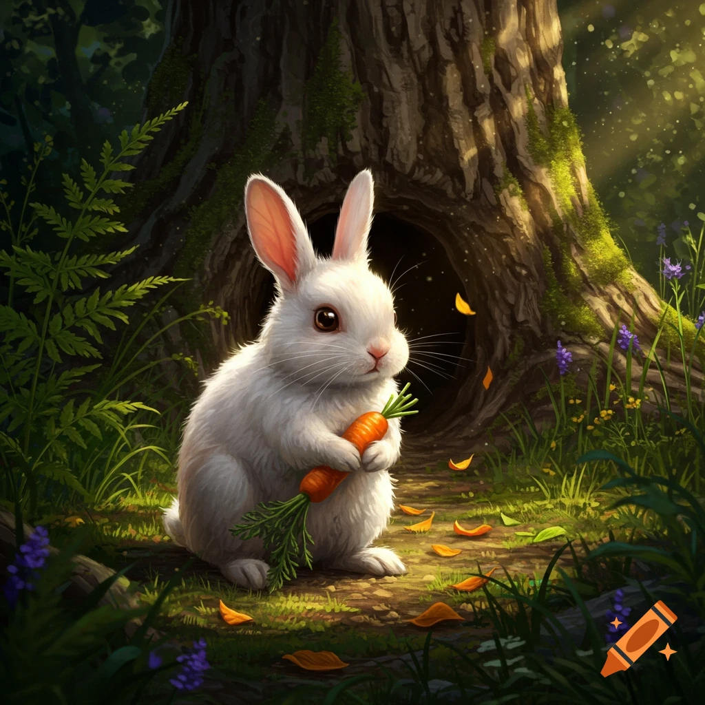 A fluffy white rabbit holds a carrot in a sun-dappled forest clearing with a tree hollow.
