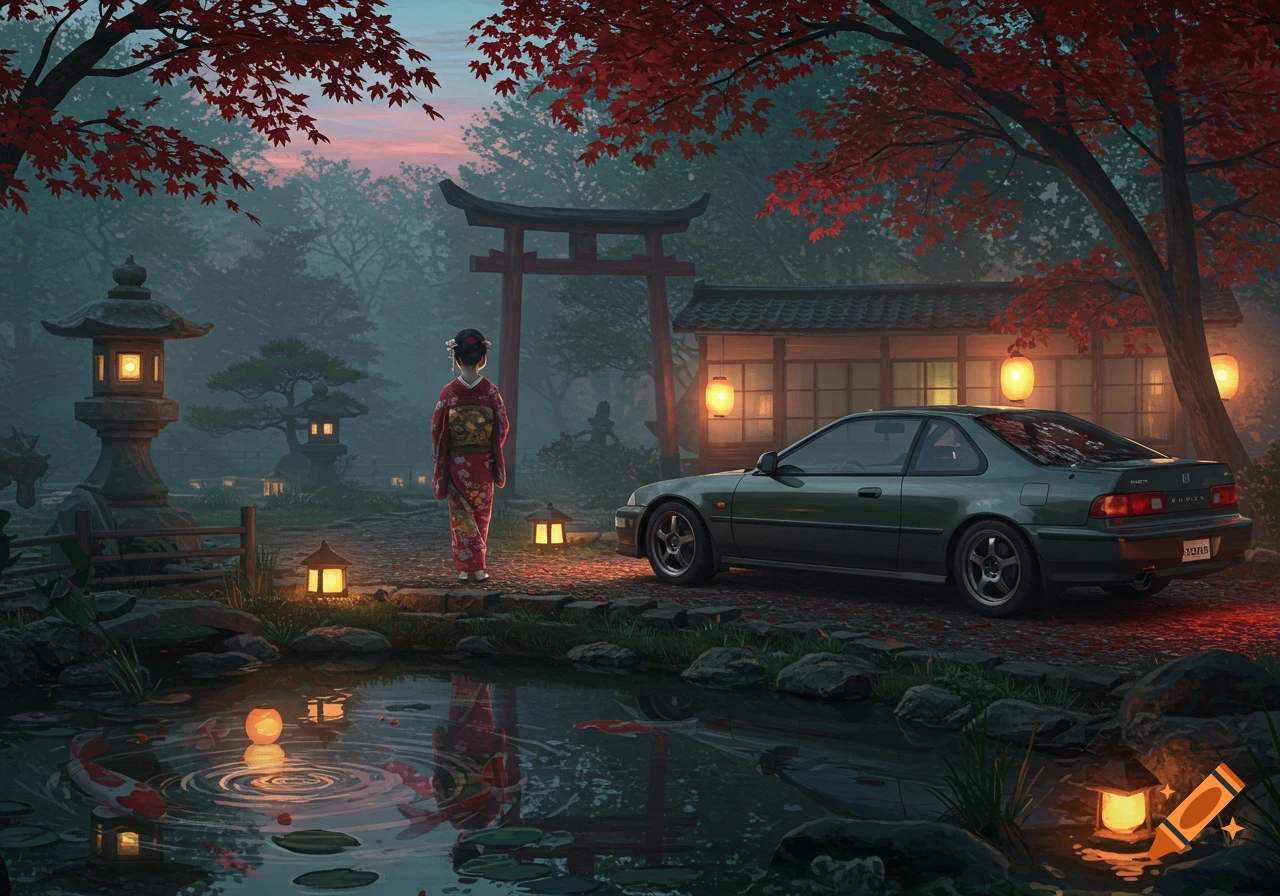 A woman in a red kimono stands in a Japanese garden with red maple trees, glowing lanterns, a pond, and a green car.