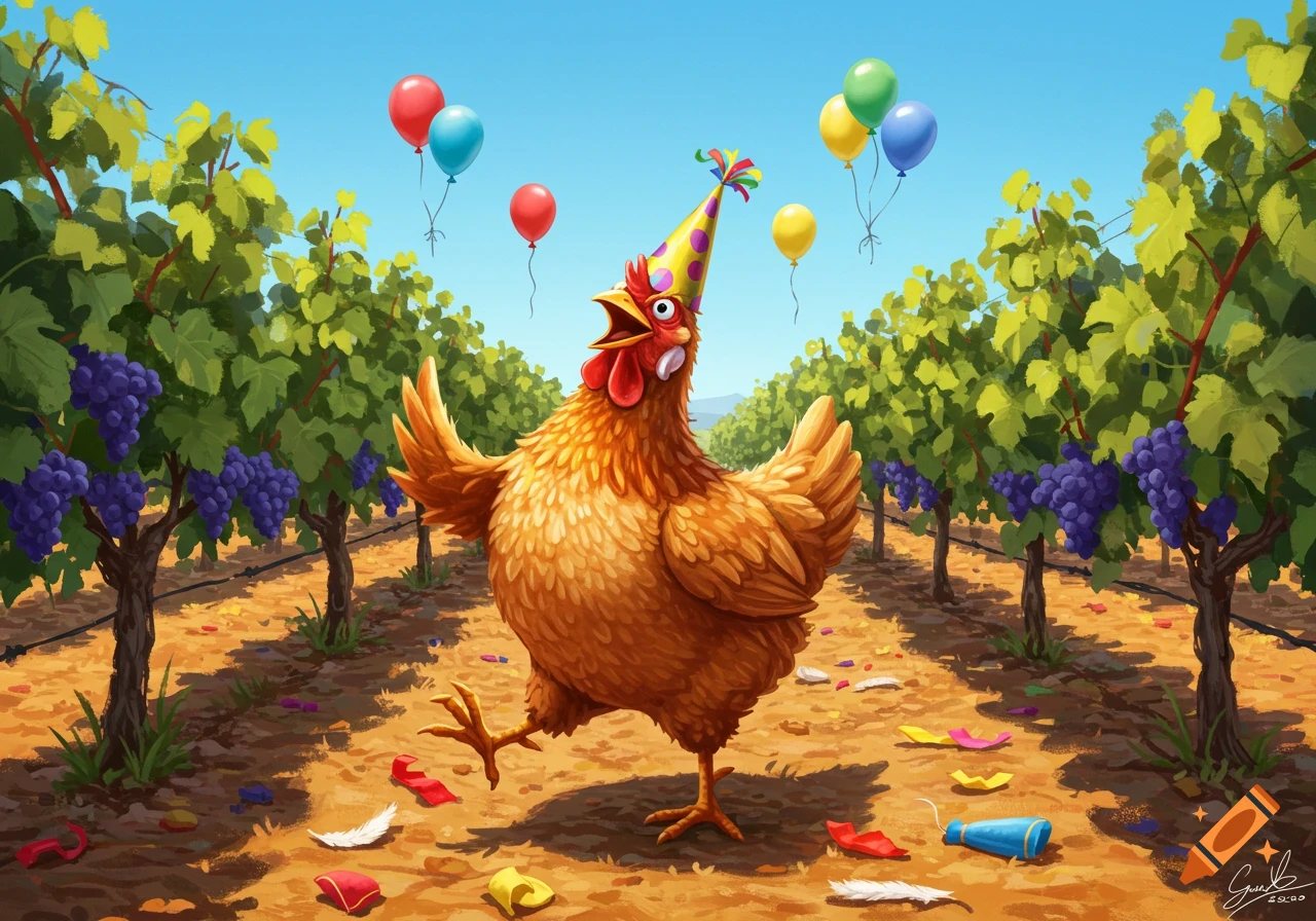 A cartoon chicken wearing a party hat dances happily in a vineyard, surrounded by balloons and scattered confetti.