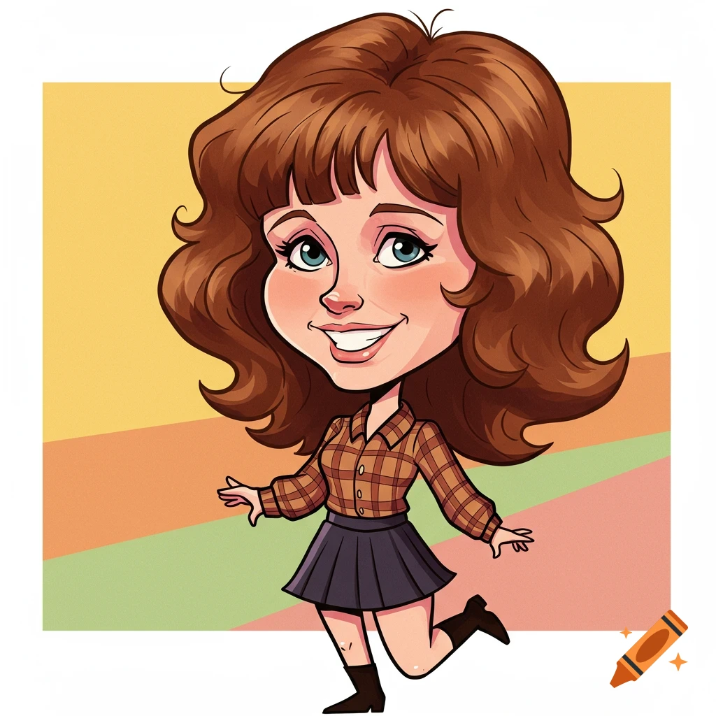 Colorful cartoon caricature of a smiling woman with brown curly hair, wearing a plaid shirt and miniskirt, stepping forward.