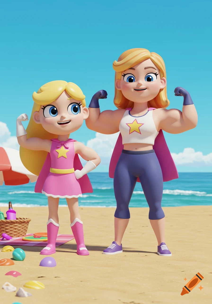 A 3D cartoon of a mother and daughter superheroine flexing their muscles on a sandy beach under a blue sky.