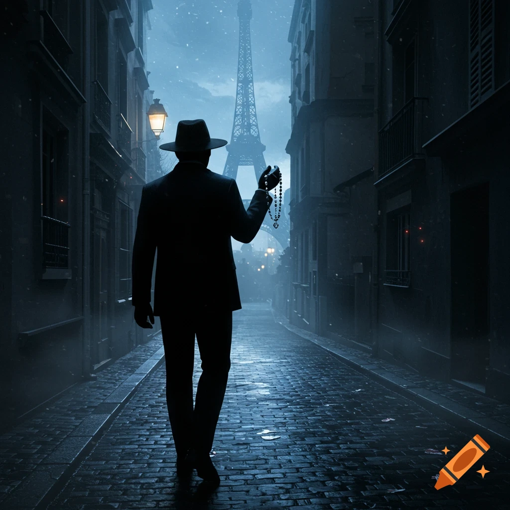 A man in a suit and fedora walks down a dark, snowy Paris street, holding a rosary, with the Eiffel Tower in the background.