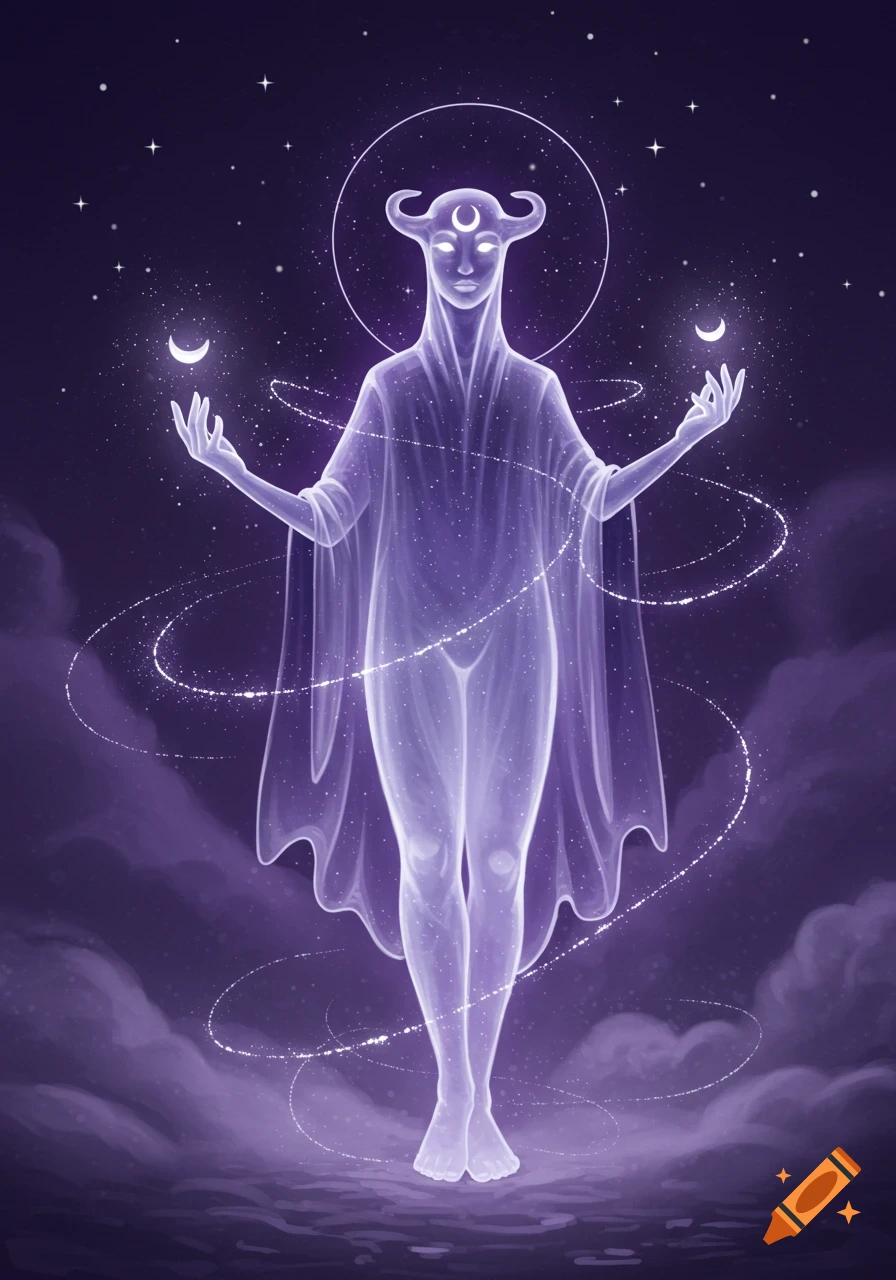 A glowing purple ethereal figure with horns and a moon on its forehead stands against a starry night, holding crescent moons. Mystical art.