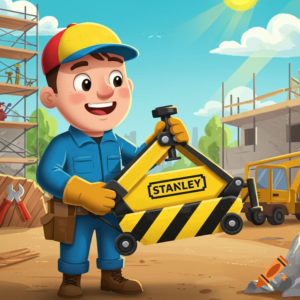 A smiling cartoon tradesperson in blue overalls and a colorful hat holds a yellow Stanley construction jack on a sunny construction site.