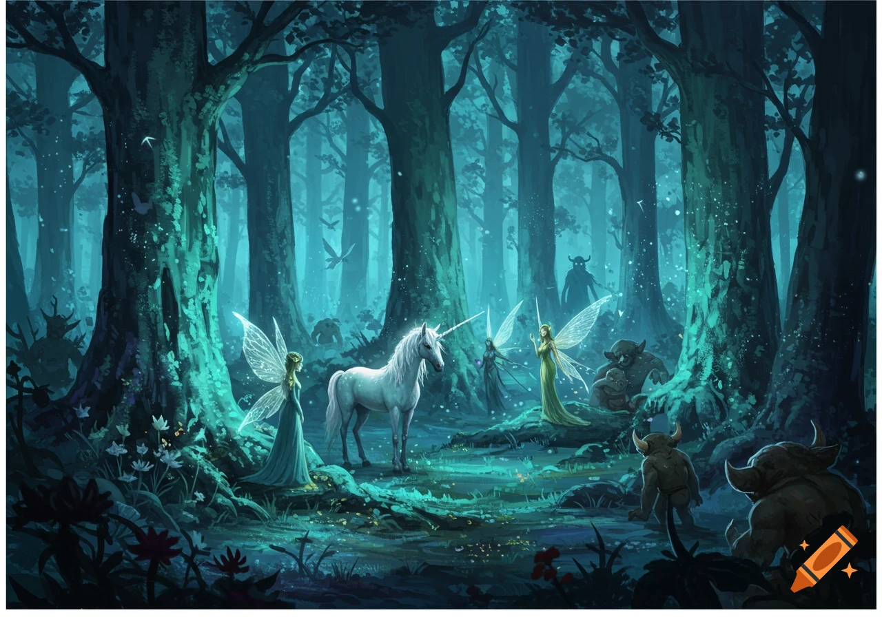 A dark fantasy forest scene with several fairies, a white unicorn, trolls, and shadowy figures among glowing plants.