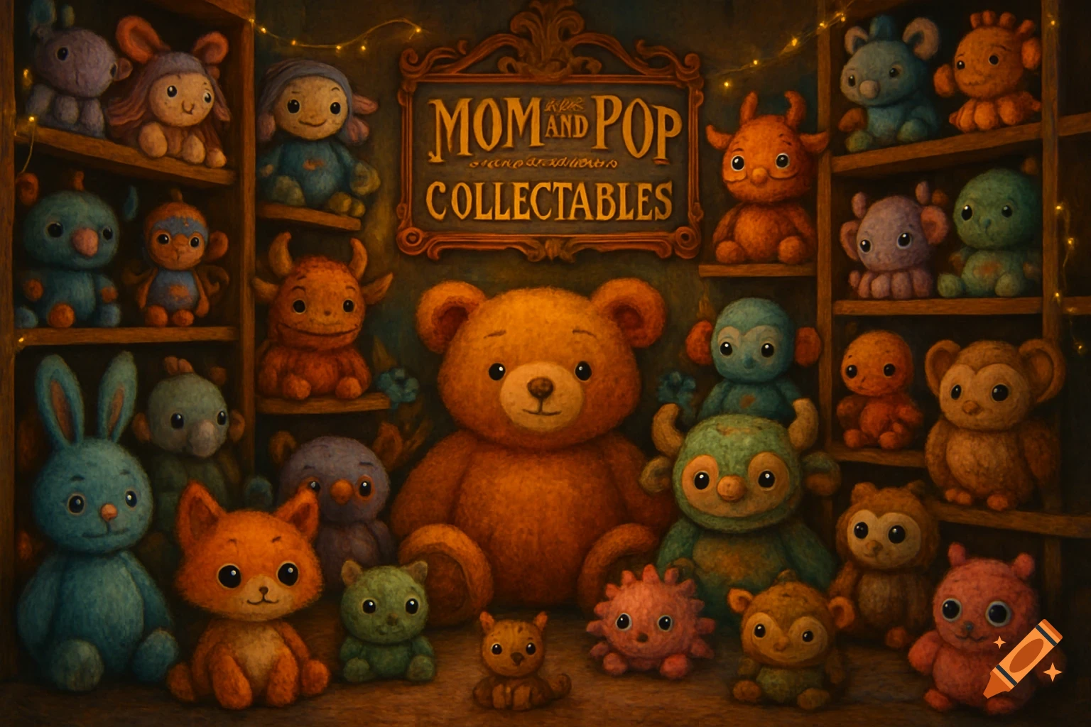 A cozy room full of shelves packed with diverse, colorful plush toys, with a large teddy bear in the center and a sign for 'Mom And Pop Collectables'.