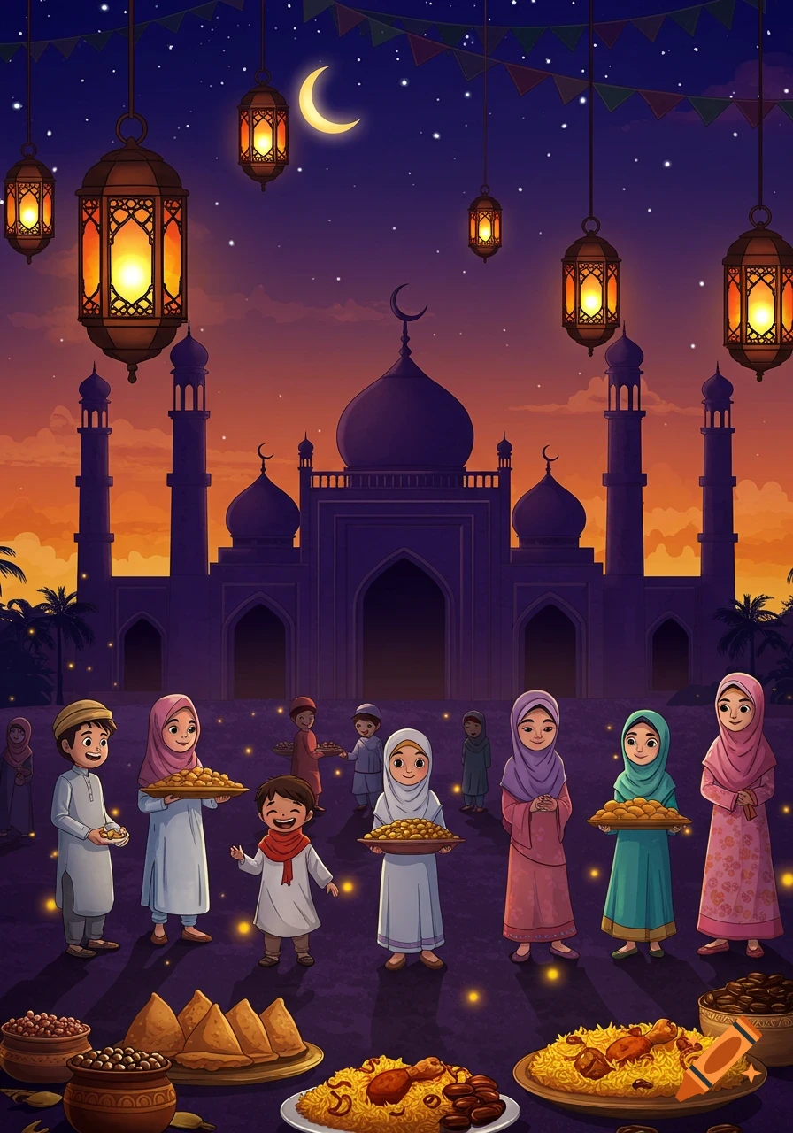 Cartoon illustration of a diverse group of children and adults celebrating Eid ul-Fitr with food and lanterns in front of a mosque at night.