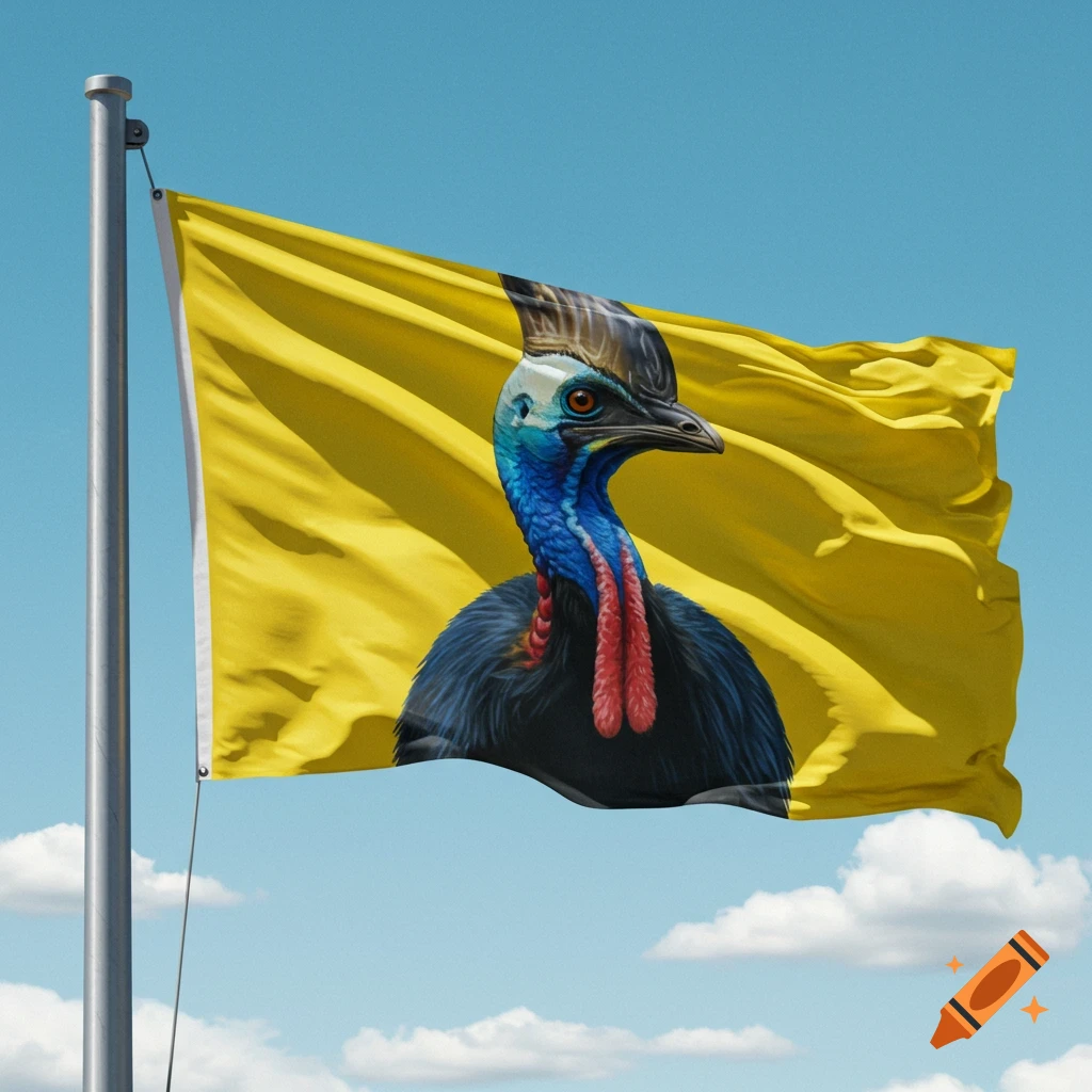 Photorealistic yellow flag with a cassowary on a flagpole against a blue sky.